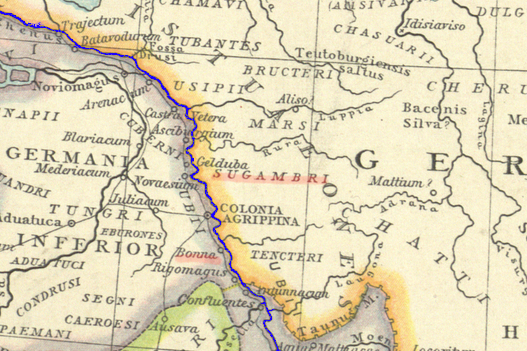 Ausschnitt aus der Karte "17. Die unteren Donauländer zur Römerzeit. Germanien." aus G. Droysens allgemeiner historischer Handatlas in sechsundneunzig Karten mit erläuterndem Text. Bielefeld, 1886. Nachträgliche Hervorhebungen.